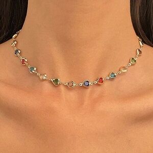 Gold Necklace with Multicolored Heart Charms